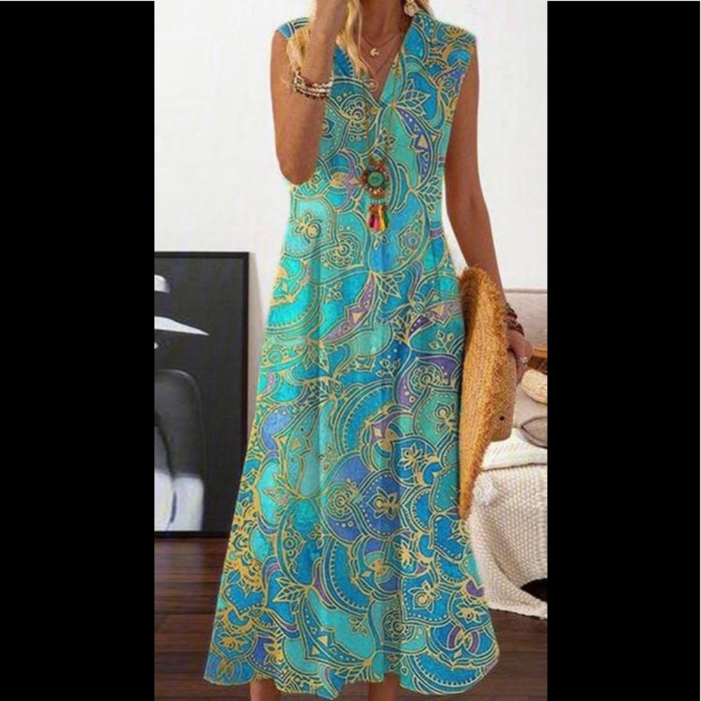 Ocean Blues Flowy Sleeveless A Line Dress Size L